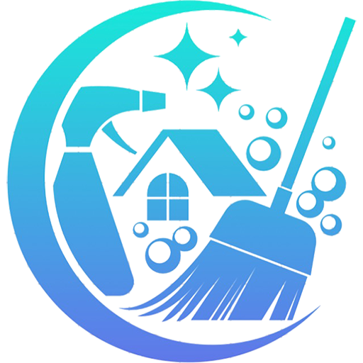 Cleaning supplies logo with house, broom, and bubbles.